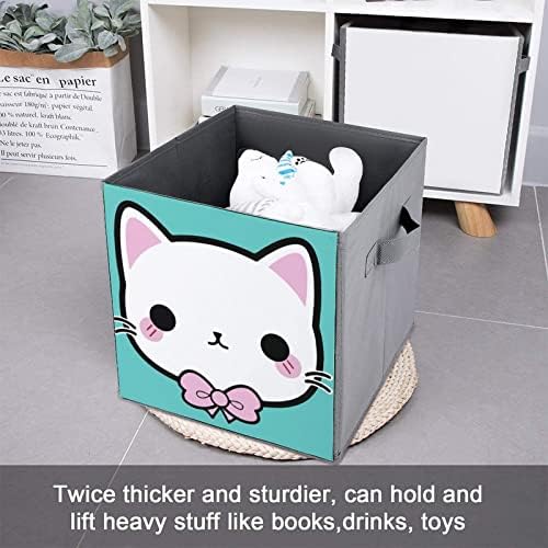 חתול קיטי חמוד מתקפל בדים קוביות קוביות קופסאות אחסון 11 אינץ 'פחי אחסון מתקפלים עם ידיות