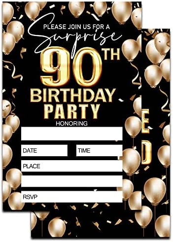 Keydaat הזמנה ליום הולדת 90 - הזמנת יום הולדת שחור וזהב - יום הולדת הזמינו רעיונות לאישה ומבוגרים - 20 כרטיסי
