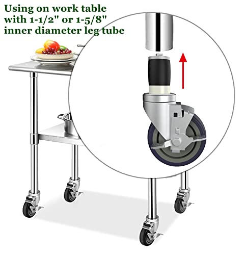 גלגלי גלגלית שולחן עבודה בגודל 4 אינץ 'לשולחנות הכנה למטבח מסחרי, גלגלי גזע מתרחבים סט של 4 עם בלמי נעילה מתאימים גם ל-1-1/2