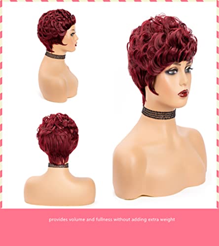 בורגונדי פיקסי לחתוך פאה אדום שיער מתולתל פאה סינטטי קצר גל פאה שחור נשים יומי להשתמש בורגונדי קצר פיקסי פאה
