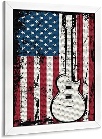 ציור אמנות גיטרה דגל אמריקאית ציור עגול ערכות תמונת מקדחה מלאות לקישוט חדר השינה הקיר עם המסגרת