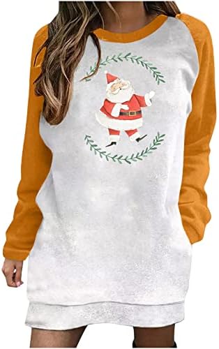 חג המולד נשים מיני שמלות אופנה מודפס טוניקת חולצת טריקו ארוך שרוול עגול-צוואר מזדמן כיס סוודר שמלה