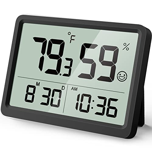 דיגיטלי מדחום מדדי לחות,חדר מכויל לחות מד טמפרטורת לחות צג מחוון חיישן עם גדול דיגיטלי תאריך שעון, שחור
