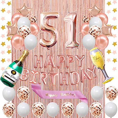 קישוטי יום הולדת 51 של Fancypartyshop - זהב רוז זהב יום הולדת שמח באנר ואבנט עם מספר 51 בלונים לטקס קונפטי בלוני אידיאלי