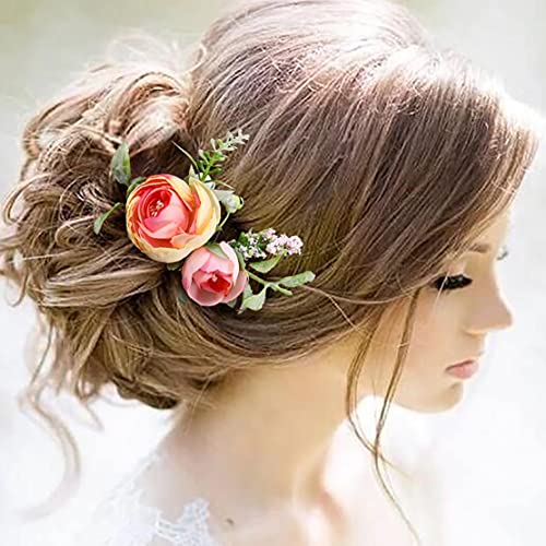 פנגסן כסף חתונה רוז פרח אצטרובלים שיער מסרק כלה פרח שיער קליפ פרחוני שיער אביזרי עבור נשים ובנות שנהב ורוד