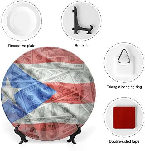 דגל פוארטו -ריקני על כסף דולר עצם וינטג 'סין צלחת דקורטיבית עם תצוגה עמד