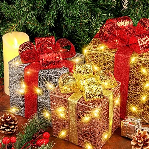 סט Fovths של 3 קופסאות מתנה מוארות לחג המולד מציג קופסאות עם ירידות קופסאות חג המולד עם קשתות עם 70 מיתרי