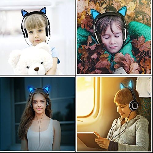 אוזניות אוזניים של Limson Cat לילדים, אור LED עם USB אוזניות מתקפלות הניתנות לחיוב למבוגרים של Childrenteens, תואם לאייפד,