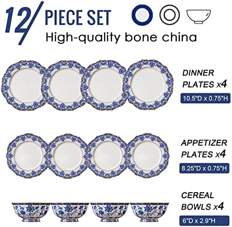 Acmlife Bone Shina Shine כלי אוכל ל -4, סט כלי אוכל פרחים וינטג 'בן 12 חלקים, צלחות מטבח קלות וקערות סט, כחול