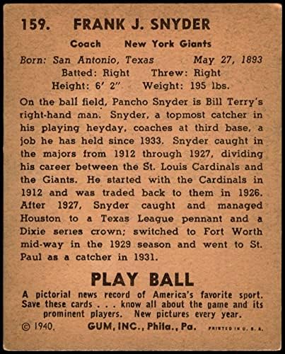1940 כדור משחק 159 פונצ'ו סניידר ניו יורק ענקים VG/EX+ ענקים