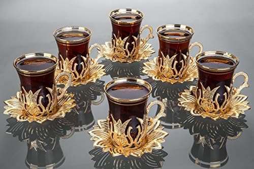 ערכת תה טורקית של Lamodahome/כוסות תה טורקיות של 6 עם מחזיקי צבע זהובים וצלוחיות - סט תה כוס וינטג