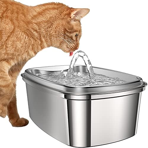מזרקת מים לחתולים של Olarhike נירוסטה, 61oz/1.8L מתקן קערות מים כלבים מזרקת מים חיות מחמד אוטומטית עם משאבה שקטה, עיצוב בטוח