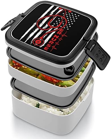 קופסת ארוחת צהריים של אחות דגל אמריקאית ניידת שכבה כפולה קופסת בנטו קיבולת גדולה מיכל אוכל מיכל אוכל עם כף