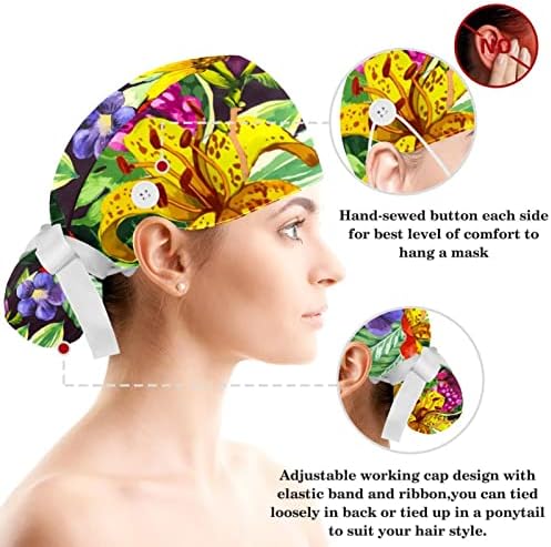 כובעים רפואיים של Muooum כובע עבודה מתכוונן עם כפתורים ושיער קשת פרח אירופאי פרח