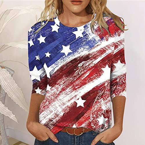 4 ביולי, דגל אמריקאי דגל טריקו עניבה צבע חולצות הדפסה חולצות Crewnneck 3/4 שרוולים חולצות 2023 צמרות טי חג