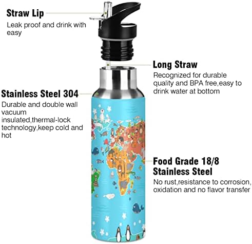 מפת עולמי אלזה עם בקבוק מים עם בעלי חיים עם מכסה קש ואקום מבודד נירוסטה בקבוק מים בקבוק מים 32oz