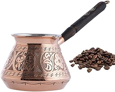 סיר קפה טורקי בעבודת יד לחלק העליון של הכיריים, סיר קפה נחושת עם ידית עץ משובצת פנינה