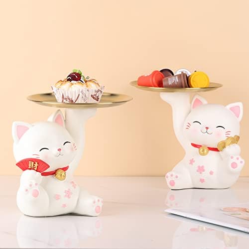 Xiyouqi שרף מגש אחסון חתולים מגש חתול חמוד עם מגש מתכת אחד, קישוט שולחן פסלים בעלי חיים פסלי חתול ברי מזל ופסלים