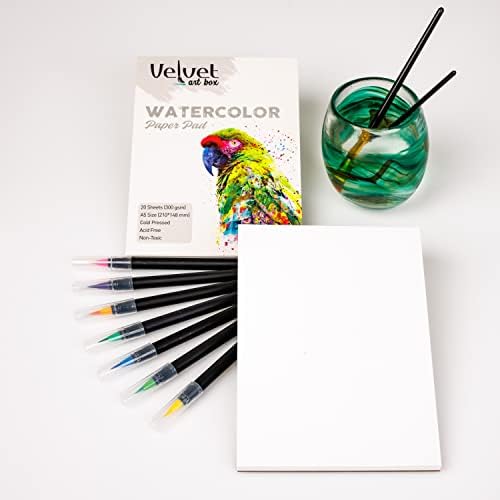 קופסא אמנות קטיפה עטים מברשת צבעי מים - 46 סמני מברשות צבעי מים לאמנים - כולל 40 גיליונות של נייר 300 גרם A5 A5, 2 מברשות