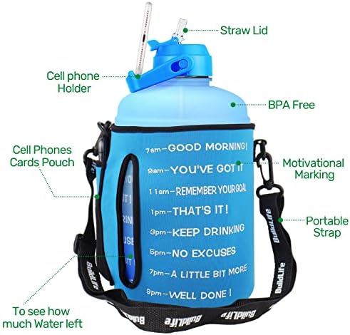Quifit 1 בקבוק מים ליטר - עם קש קש ומוטיבציה סמן BPA חינם חדר כושר חדר חדר ספורט חיצוני קיבולת גדולה קנקן מים