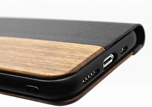 מארז הפוך של LSDMY לאייפון 11PRO MAX, עיצוב אבזם מגנטי בשילוב עץ ועור מקורי, סיליקון שכבה כפולה היברידית עמידה בפני