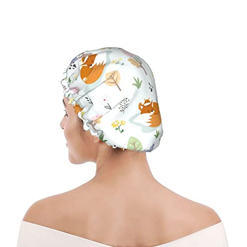 אמנות שועל פרחים כובע מקלחת כפול שכבה כפולה כובע שיער למקלחת כובעי מקלחת אלסטיים לנשים כובע אמבטיה אטום למים לשימוש חוזר