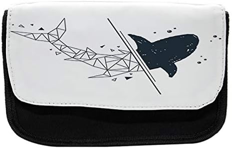 מארז עיפרון כריש לוני, אמנות כריש מצולע גיאומטרי, תיק עיפרון עט בד עם רוכסן כפול, 8.5 x 5.5, אפור כחול כהה ולבן
