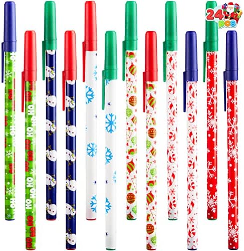 Joyin 24 PCS עטים למקל חג המולד, דפוסים שונים של כדורי חג עט עט לכתבים יומיומיים, מתנות אירועים, מתנת מסיבת עיצוב בית חג המולד