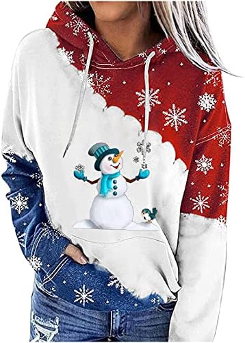 נשים חג המולד הסווטשרט חולצות פתית שלג שלג מזדמן מודפס קנגורו כיס סוודר צבע בלוק למעלה חולצה