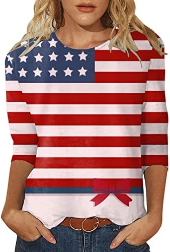 4 יולי חולצות לנשים אמריקאי דגל קיץ 3/4 שרוול צווארון עגול חולצות שלושה רבעון שרוול חג מקרית חולצות
