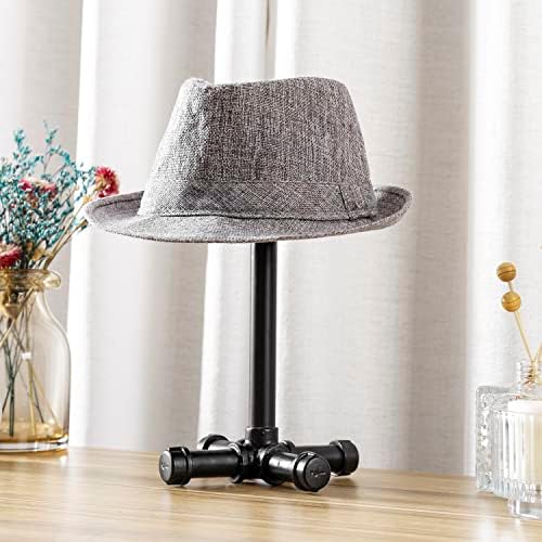 תעשייתי שולחן כובע מתלה, כפרי שרוף מוצק עץ ושחור מתכת צינור כובע פאה דוכן תצוגת