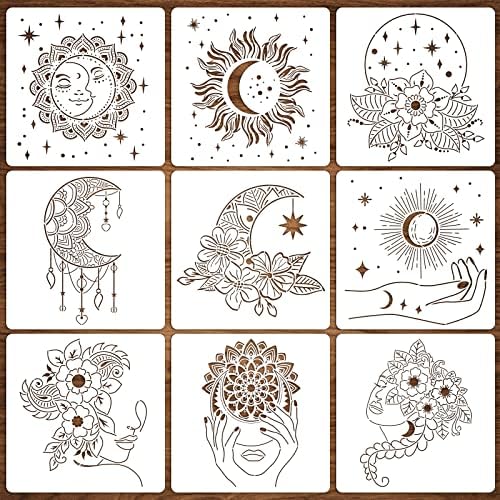 9 יחידות סטנסיל שמש וירח גדולות, מנדלה בוהו שבלונות לציור על בד, אשה פנים ירח שמש עם פרחים תבנית פלסטיק למלאכה