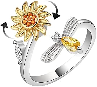 925 טבעת חרדה מכסף סטרלינג לנשים, טבעת זירקוניה מעוקבת מתכווננת עם קופסת מתנה, טבעות טבעות חמניות טבעת חמניות