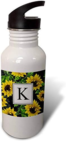 3drose חמניות מכתב k מונוגרמה פרחים שחורים וצהובים פרחים קלאסיים - בקבוק מים קש, 21oz, היפוך, לבן