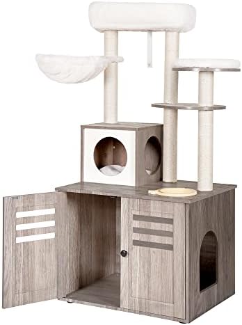 עץ חתול הייבלי, מארז ארגז חול מעץ עם תחנת מזון, ריהוט חתולים מקורה הכל באחד עם פלטפורמה ודירה גדולה, מגדל חתולים בסגנון מודרני,