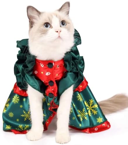 תלבושת חתול חג המולד, בגדי תלבושות לחג המולד, בגדי פסטיבל חיות מחמד מודפסים חצאיות לחיות מחמד של פתית שלג לחתולים, כלבים
