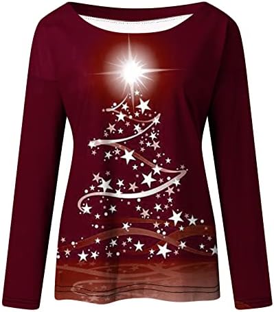 עץ חג המולד כוכב הדפס חולצה חולצות לנשים לחופשת נופש מזדמן 3/4 שרוול ארוך צוואר עגול צוואר צוואר