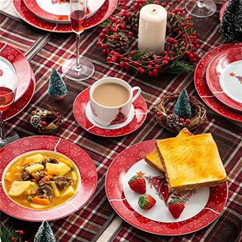 MGWYE בן 30 חלקים דפוס חג מולד חרסינה סט ארוחות אוכל עם 6*כוס, צלוחית, צלחת קינוח, צלחת מרק, מתנה של צלחת ארוחת ערב