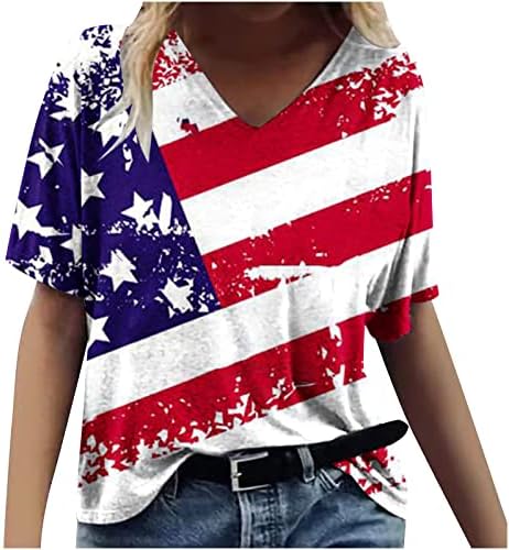 דגל אמריקאי חולצות פטריוטיות לנשים נ 'צוואר גדול מדי בגודל 4 ביולי טוניקה צמרת יום העצמאות 2023 חולצת חג החג