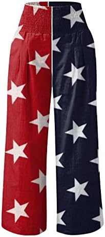 מכנסי רגל רחבים 4 ביולי פשתן לנשים דגל אמריקאי רושם מכנסי רגל רחבים עם מותניים גבוהים עם מכנסי כיס פלאצו מכנסיים