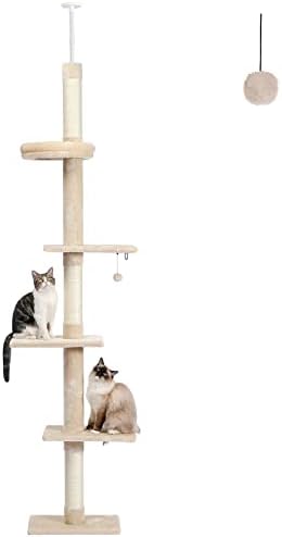 מגדל החתולים Petepela 5 קומה עד תקרה עץ חתול גובה מתכוונן, עץ טיפוס חתולים גבוה הכולל עמדת גירוד, מיטה נעימה, צעצוע