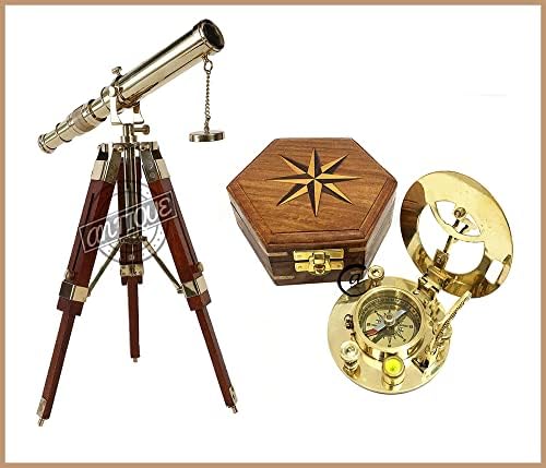 ויברציות עתיקות טלסקופ פליז ימי סיילור על חצובה מעמד ומצפן שמש ימי וינטג 'בקופסת עץ