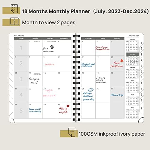 מתכנן חודשי של פופרון 2023-2024 לוח שנה 18 חודשים עם דף הוצאות חודשיות, ספר פגישות חודשי לניהול זמן, כריכת