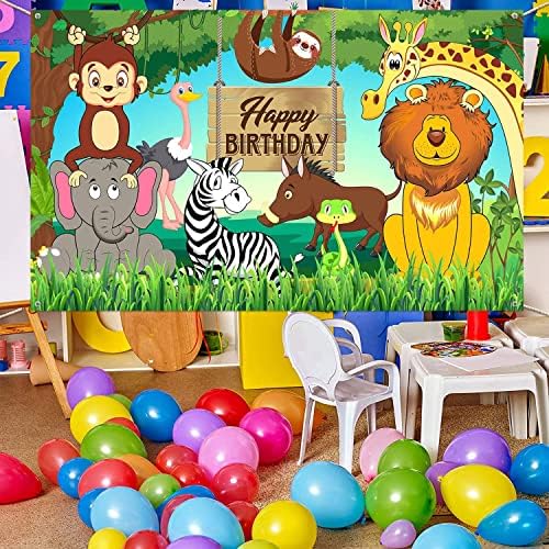 ג ' ונגל בעלי החיים נושא מסיבת יום הולדת קישוטים, גדול ספארי בעלי החיים יום הולדת שמח רקע באנר מצחיק קריקטורה