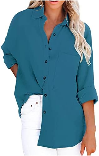 נשים כותנה פשתן חולצות מקרית ארוך שרוול כפתור למטה דש חולצות חולצות מוצק צבע כיס החבר סגנון
