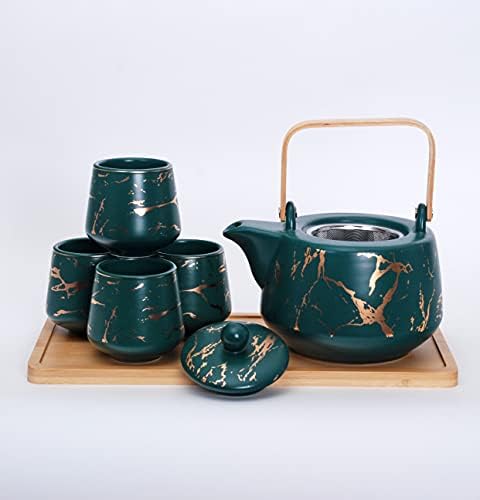 פוג'י סחורה עיצוב שיש עיצוב תה הגשת הגשת מגש עץ קרמיקה 37 FL OZ קומקום עם 4 כוסות תה חרסינה של 4 חלקים 7 FL