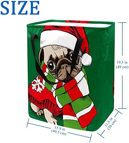 כלב מצחיק פאג כובע חג המולד הדפסת סל כביסה מתקפל, סלי כביסה עמידים למים 60 ליטר אחסון צעצועי כביסה לחדר שינה