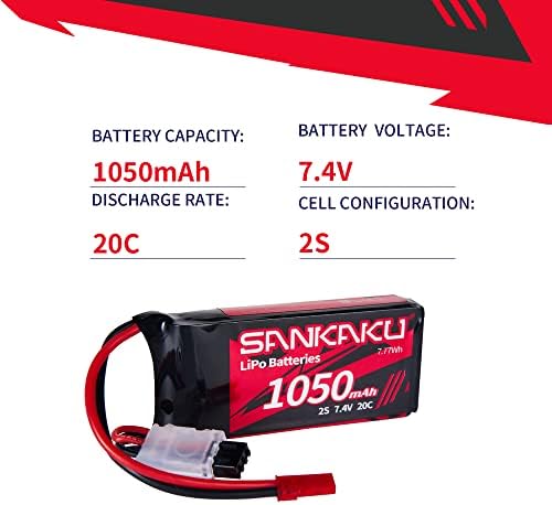 Sankaku 7.4V 2S Lipo סוללה 20C 1050mAh RC Lipos Pack Soft עם JST Plug עבור RC מטוסים מסוק מסוק Quadcopter Racing Bby