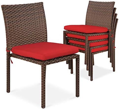מוצרי הבחירה הטובים ביותר סט של 4 כסאות נצרים פטיו חיצוניים הניתנים לערימה עם כריות, גימור עמיד בפני UV ומסגרת פלדה