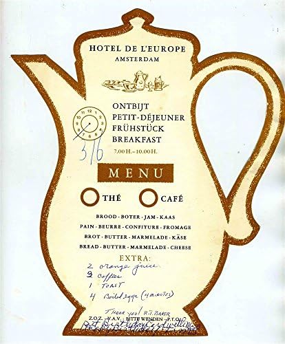 מלון דה ל'אירופה בתפריט בצורת סיר קפה אמסטרדם הולנד משנות השישים
